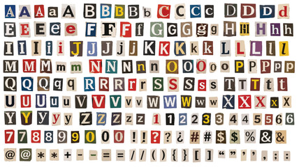 Ransom note alphabet letters and numbers, vintage newspaper clippings set, colorful magazine cutout typography for collage and anonymous messages © preety