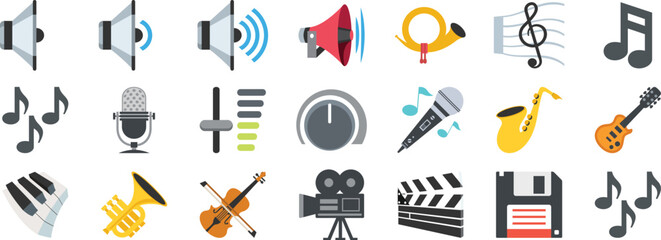 Music and Audio Icons Set with Instruments Sound Controls and Multimedia Symbols.  Flat Design Collection for Entertainment Applications and Creative Projects. Modern Music Technology Elements © Khadiza
