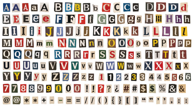 Ransom note alphabet letters and numbers, vintage newspaper clippings set, colorful magazine cutout typography for collage and anonymous messages