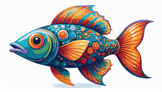 A stylized, vibrantly colored fish with intricate swirling patterns and fin details