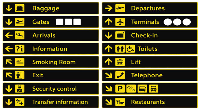 Airport signage vector set with yellow icons on black background, terminal wayfinding navigation symbols, international flight travel directory signs