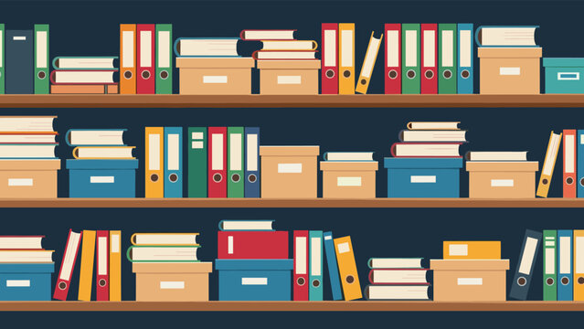 Full bookshelf filled with colorful binders, books, and storage boxes, showcasing an organized office or library environment.