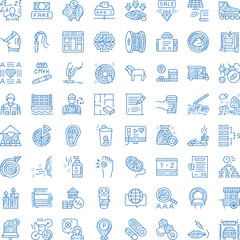 Fototapeta premium Hand drawn blue doodle icons collection illustrating financial concepts, healthcare, business strategy, food, animals, modern lifestyle, and technology