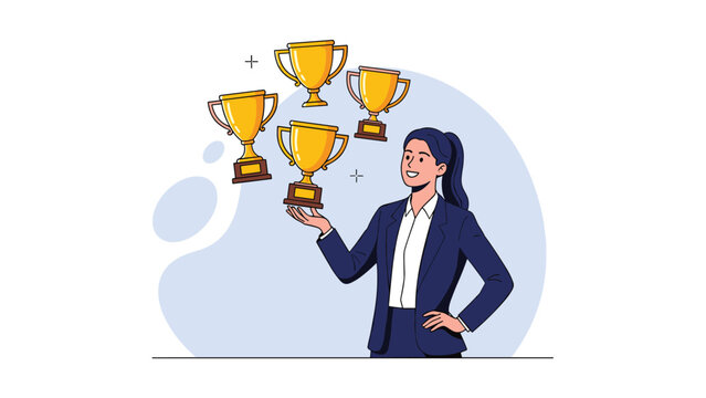 Smiling businesswoman proudly balances multiple golden trophies, symbolizing her diverse achievements, skills, and consistent professional success.