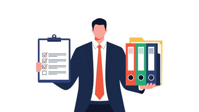 Confident businessman in a blue suit holds a clipboard with a completed checklist in one hand and a stack of colorful binders in the other.