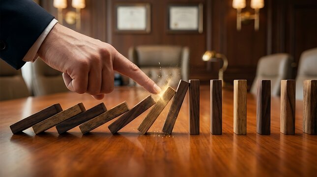 Businessman's finger initiating a cascade of falling dominoes on a polished wooden desk, representing decisive action and consequences in business.