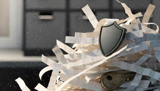 Privacy protection concept with metallic shield on shredded confidential documents in office setting
