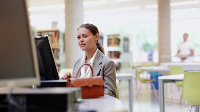 Female student works at computer in library. Studying, using additional online sources of information, searching for information on Internet, prepare to exam
