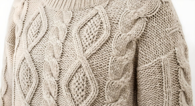 Cream cable knit sweater, beige knitwear, close-up texture, cozy winter clothing, fashion fabric