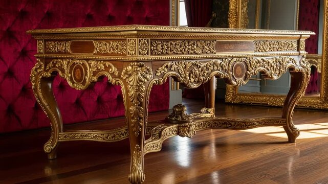 Ornate antique wooden desk with intricate gold carvings