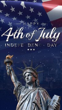 Happy 4th of July Greeting Animation with Waving American Flag, Statue of Liberty and Fireworks, for holiday promotions, social media, event announcements, presentations, broadcasts, celebration