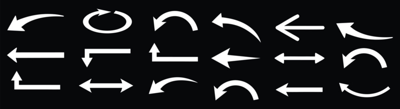 Curved arrow icon collection for navigation and direction. Modern white arrow symbols isolated on black background. Vector set for  workflow,  diagrams, and web design.