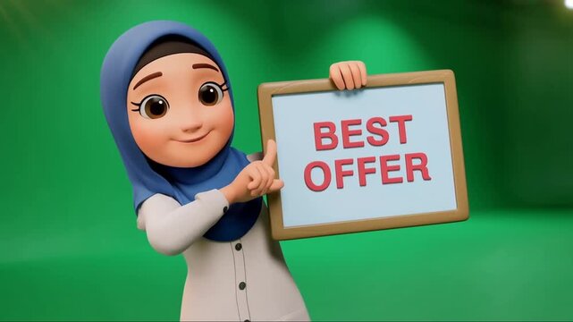 Muslim girl hijab cartoon holding best offer sign board
