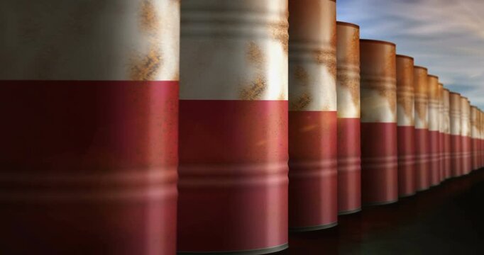 Poland oil business and fuel extraction barrels in row seamless and loopable concept. Polish petrol industrial containers.