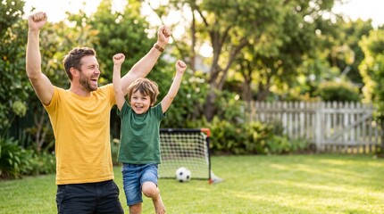 Obraz premium Happy Father and Son Celebrating a Goal While Playing Soccer in the Backyard