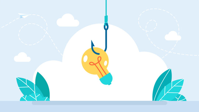 Glowing lightbulb caught on a big metal fishing hook, representing stolen intellectual property, ideas theft, plagiarism and creative trapping concepts. Vector illustration