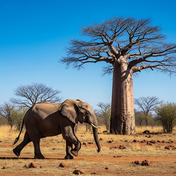 African Elephant Walking Past Giant Baobab Tree in Dry Savanna Landscape
