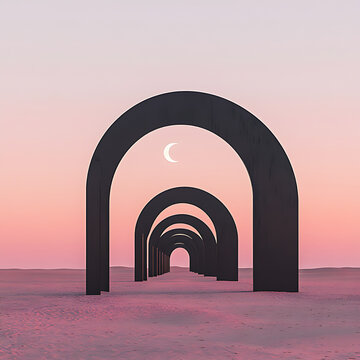 A row of black metal arches in the desert a cresc