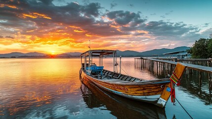 Fototapeta premium Breathtaking Golden Sunset Over Tranquil Lake Featuring Moored Thai Fishing Boat and Serene Nature