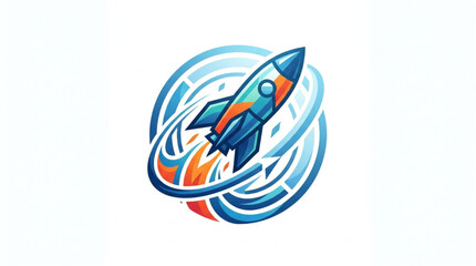 Colorful cartoon rocket ship launching into space with swirling orbits. © dip