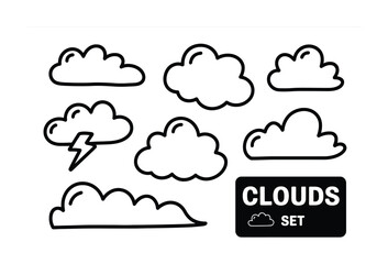 Obraz premium A collection of hand-drawn cloud and weather symbols in a simple black and white doodle style for creative projects