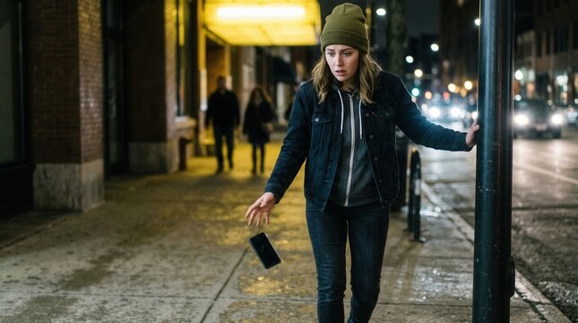 Woman Drops Smartphone On Sidewalk At Night, Losing Her Phone, Looking Surprised