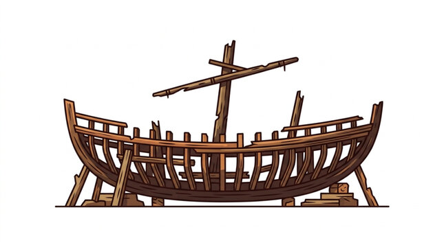Old wooden ship hull under construction or repair.