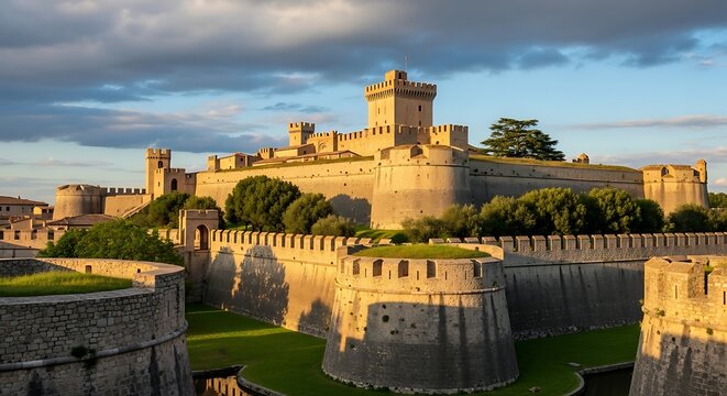 Historic Stone Fortress Illuminated by Golden Sunset Under Dramatic Cloudy Sky