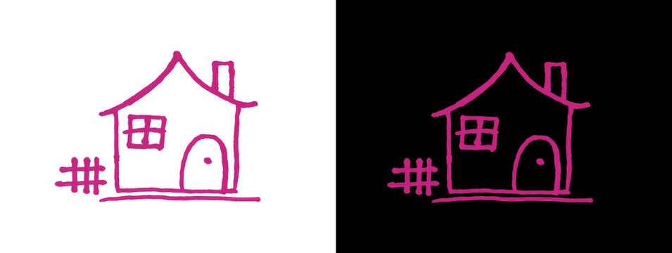 Pink Neon House with Hashtag Home Icon on White and Black Split Background