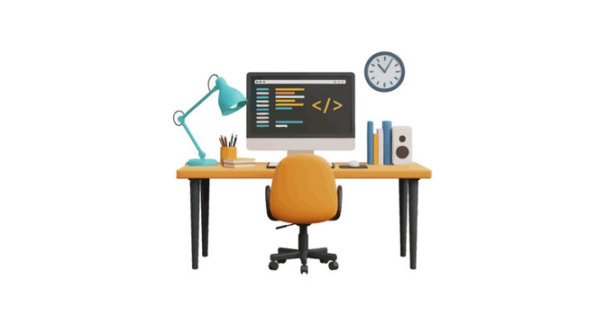 Modern developer workspace with computer and coding screen