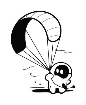 A cute cartoon character holding a paraglider wing in a simple black and white line style