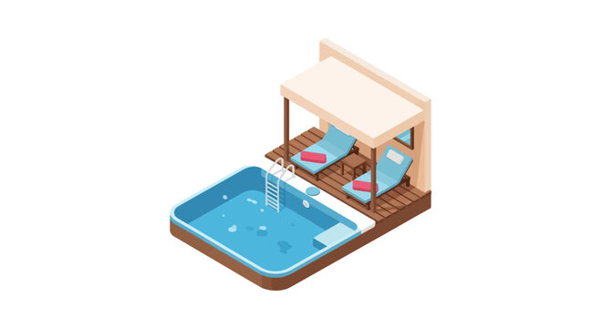 Luxury hotel swimming pool with lounge chairs and sun canopy