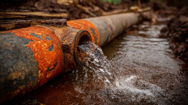 Rusty pipe leaking water creates puddles in muddy terrain showcasing environmental issues and the need for plumbing repairs