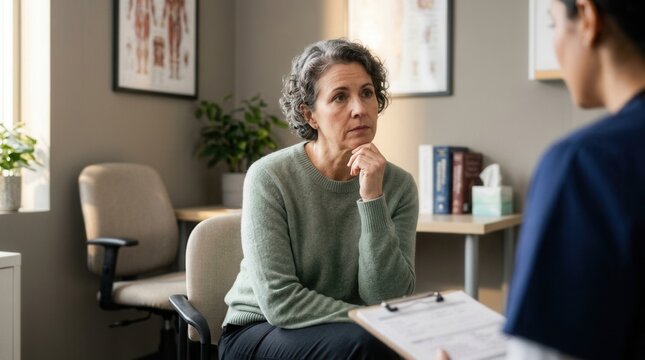 Woman During Medical Consultation, Facing the Doctor with Questionable Thoughts and Apprehension