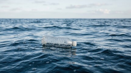 Fototapeta premium Empty plastic bottle floating on blue ocean water surface. Environmental crisis and marine plastic pollution problem. Concept of ecological threat for World Oceans Day awareness campaign.
