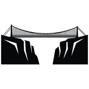 Suspension bridge over canyon, vector silhouette illustration, line art structure.