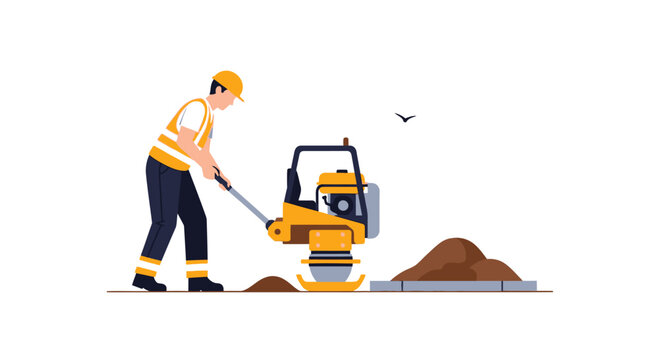 Construction worker compacting soil with a vibratory plate compactor on a white background