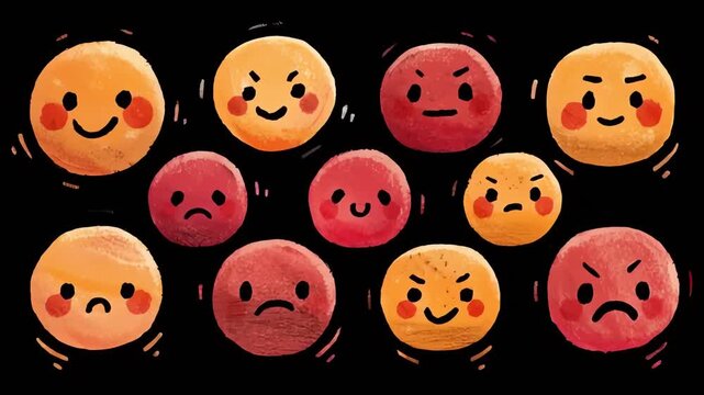 Animated colorful emoticons expressing various emotions on black background.