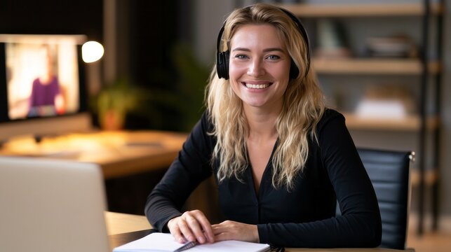 Smiling young woman in headphones at a modern home office desk, engaging in a virtual meeting on her laptop and notebook, appearing professional, cheerful and connected during remote work
