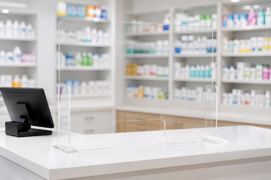 Pharmacy Dispensing Counter Corner with Acrylic Protective Barrier | Healthcare Service Concept