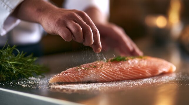 Chef's hands carefully seasoning a fresh raw salmon fillet with salt and herbs on a metallic surface, symbolizing gourmet cooking, healthy eating, and professional food preparation in a kitchen