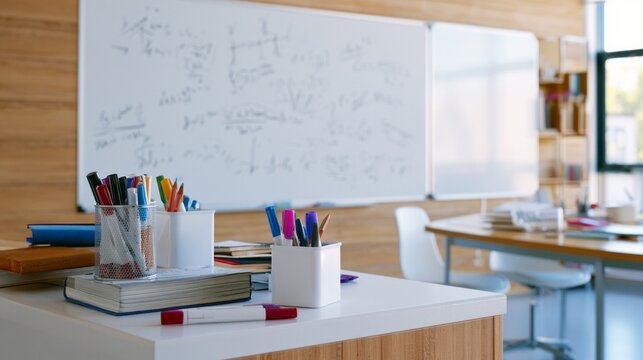 Clean and minimalist classroom desk with various stationery supplies and books, offering an inviting environment for studying, teaching, and academic work