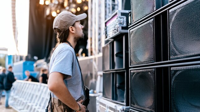 Event technician closely inspecting a stack of loudspeakers and sound system equipment, ensuring proper operation before a live performance or public gathering