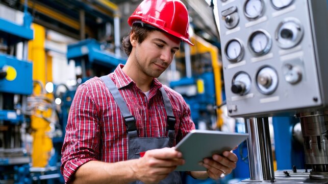 Focused factory worker in hard hat and overalls using a digital tablet by a machinery control panel, inspecting systems and monitoring production on a busy industrial floor