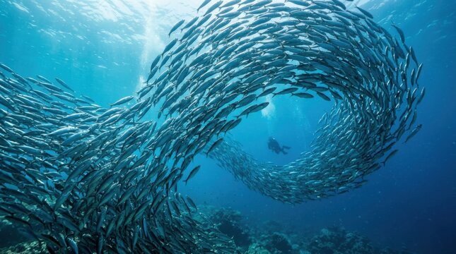Scuba diver swimming in large school of fish underwater. Marine life movement in ocean blue. World Oceans Day concept. Wild nature exploration and deep sea ecosystem observation.