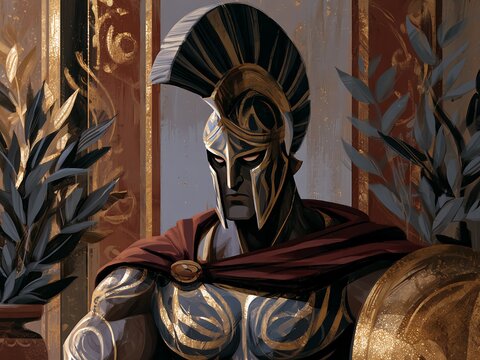 Ancient spartan warrior in helmet and armor, digital illustration of a brave greek soldier in palace interior