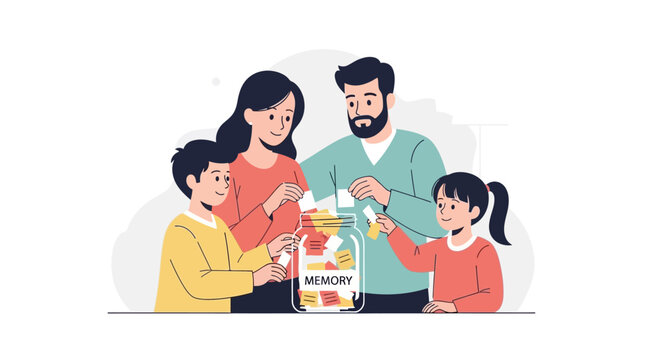Family collecting memories in a jar, happy parents and kids creating a memory jar