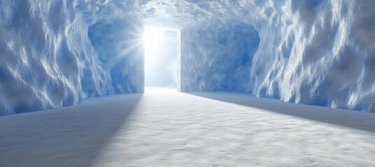 Fototapeta premium Stunning White Blue Abstract Ice Cave Pathway with a Bright Doorway Leading to a Frosty Wonderland