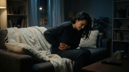 Fototapeta premium Woman Experiencing Abdominal Pain And Suffering In Her Living Room At Night