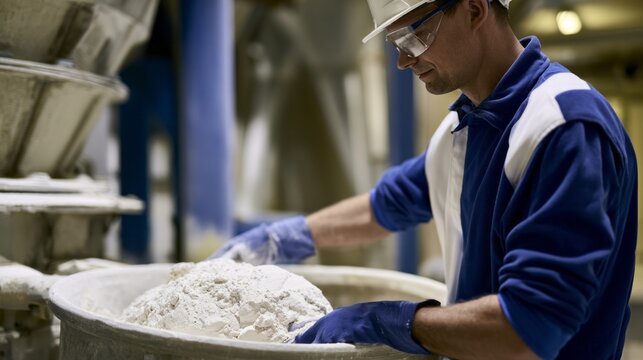 Worker in safety gear carefully handling a large quantity of white flour in an industrial setting, ensuring quality and precision during the manufacturing process